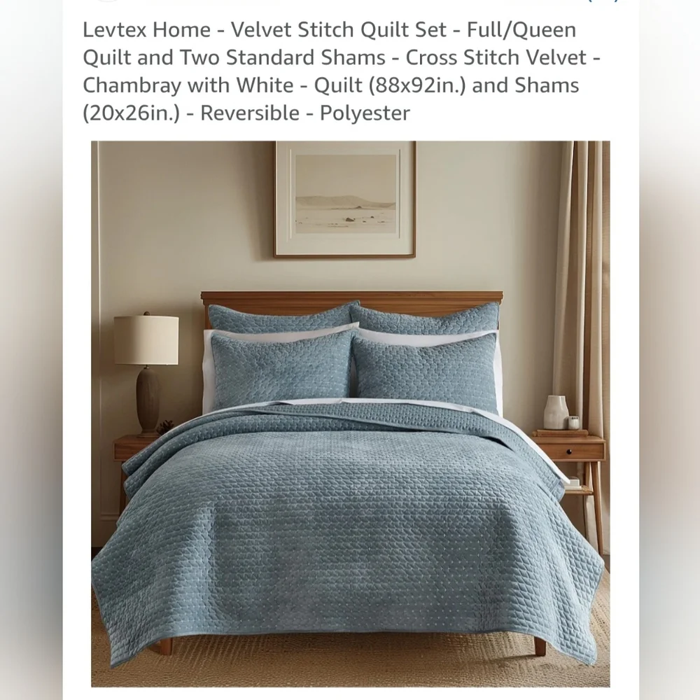 Levtex Chambray Velvet Quilt Set Full/Queen. New.